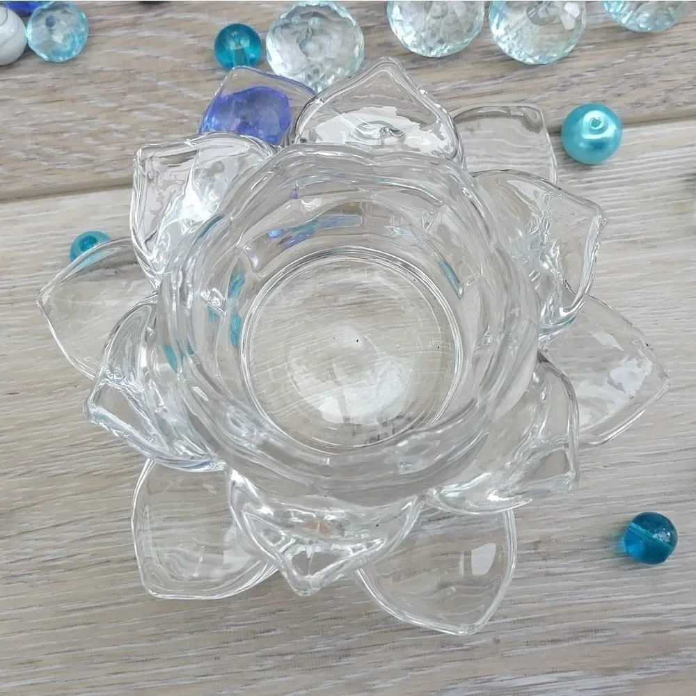 Lotus glass candle holders  with blue beads These are stunning! Pair of tabletop
